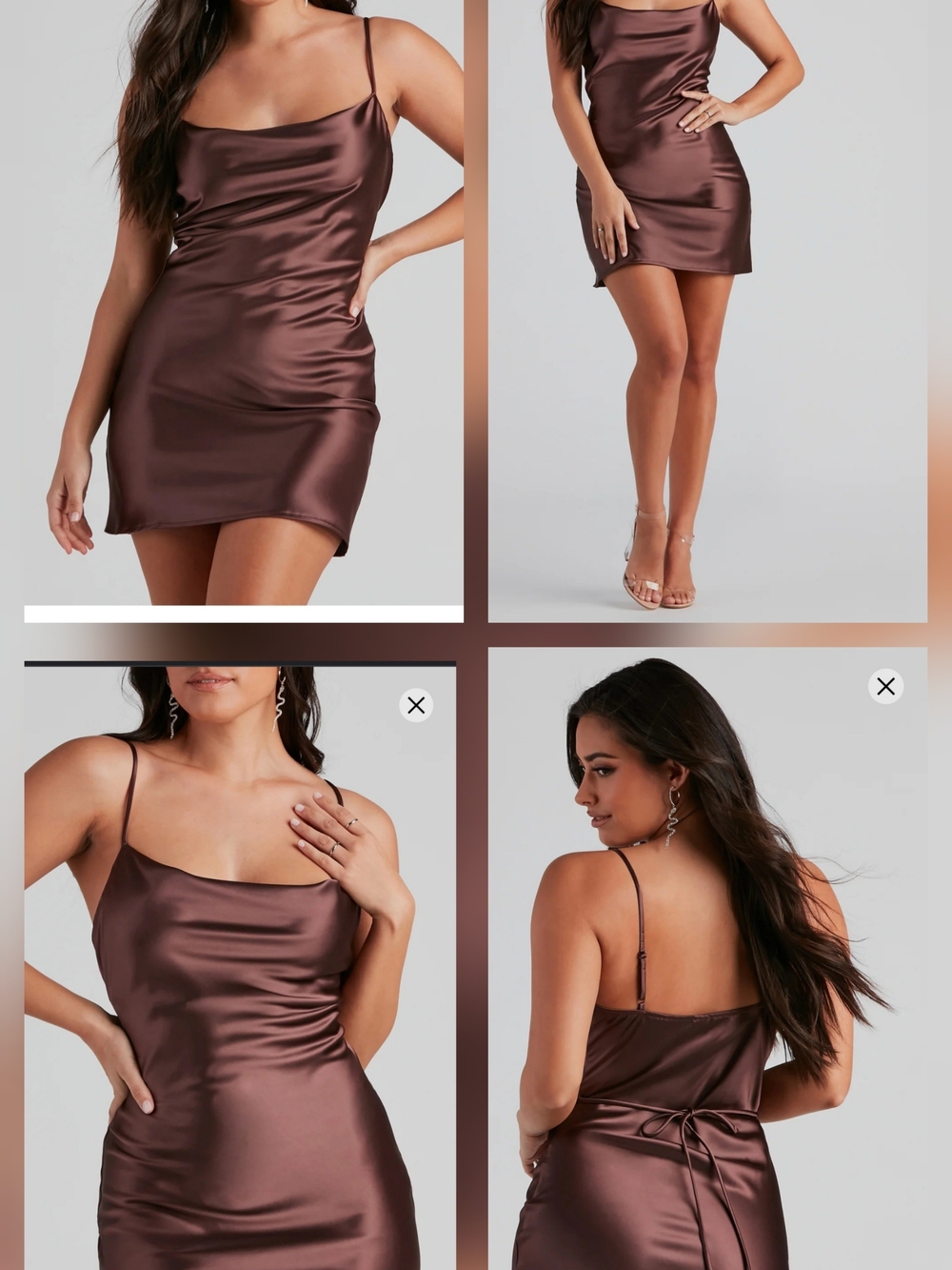 Windsor Satin Cowl Neck Mini Dress in Rich Brown